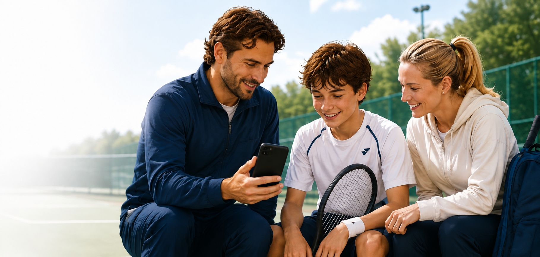 Un jeune joueur de tennis consulte les données du match avec un coach et un parent
