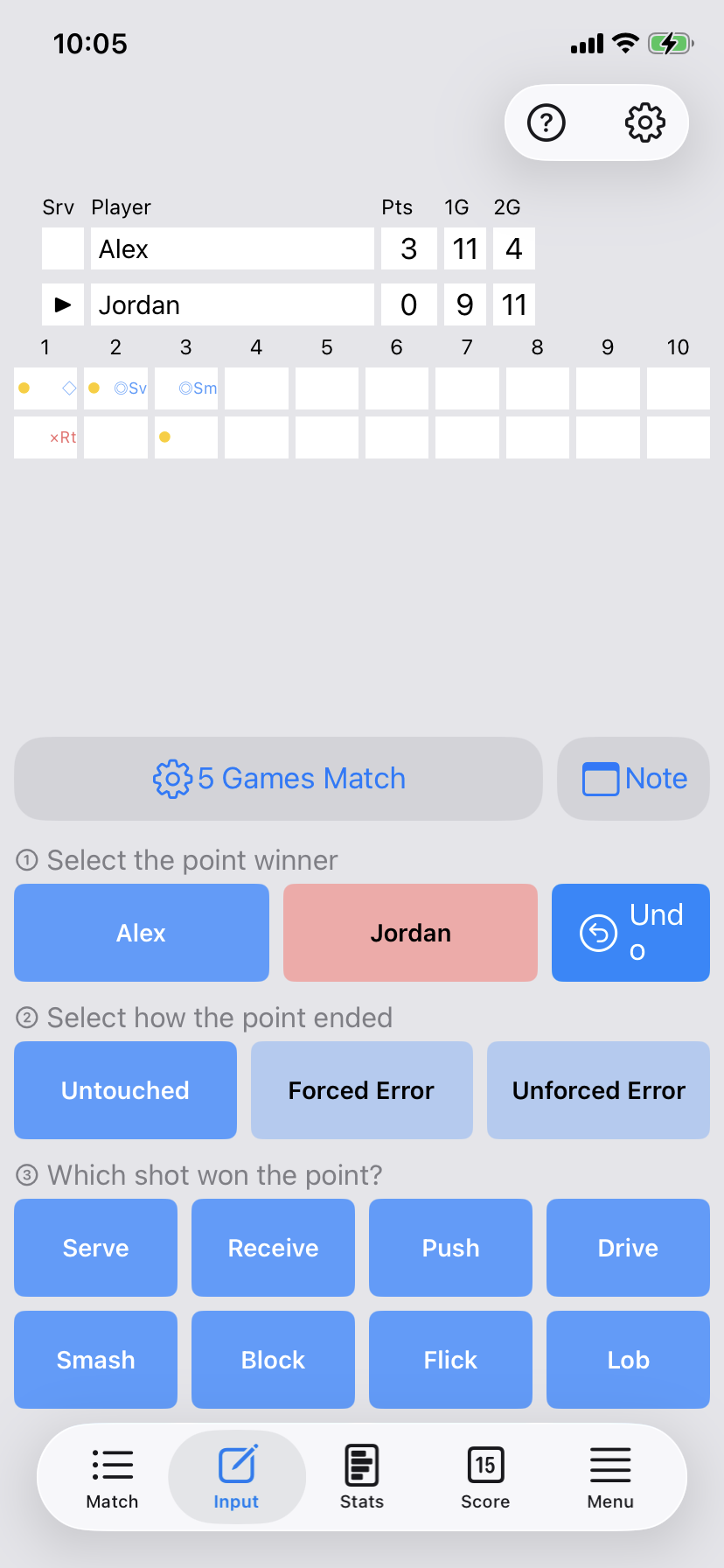 DataTT table tennis score tracking screen