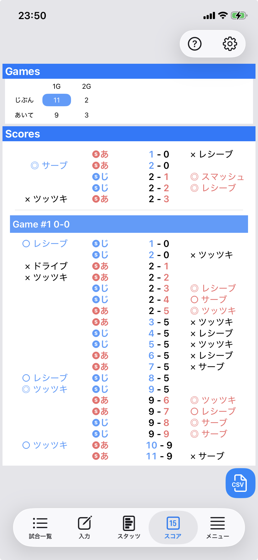 DataTTの卓球ポイント履歴画面